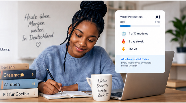 A DeutschWeg learner studying German at her desk, with a progress card showing 31% of A1 complete
