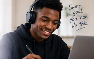 A DeutschWeg learner listening to German audio practice with headphones while taking notes